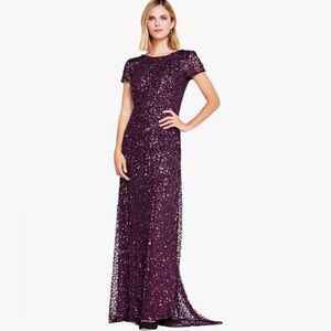 Adrianna Papell Short Sleeve Scoop Back Sequin Gown
